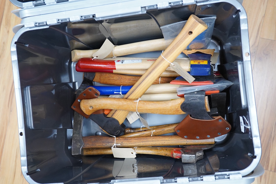 A collection of heavy duty hammers, framing hammers, and axes, including; 13 hammers by Vaughan, U.S.A., plus nine others by Stiletto, etc., and 14 carpenters axes and hatchets by James Howarth, Gransfars Bruks, Agdor of